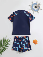 Boys Dino Swim Suit Trunks & Tops Short Sleeves Quick Dry Casual Kids Clothes