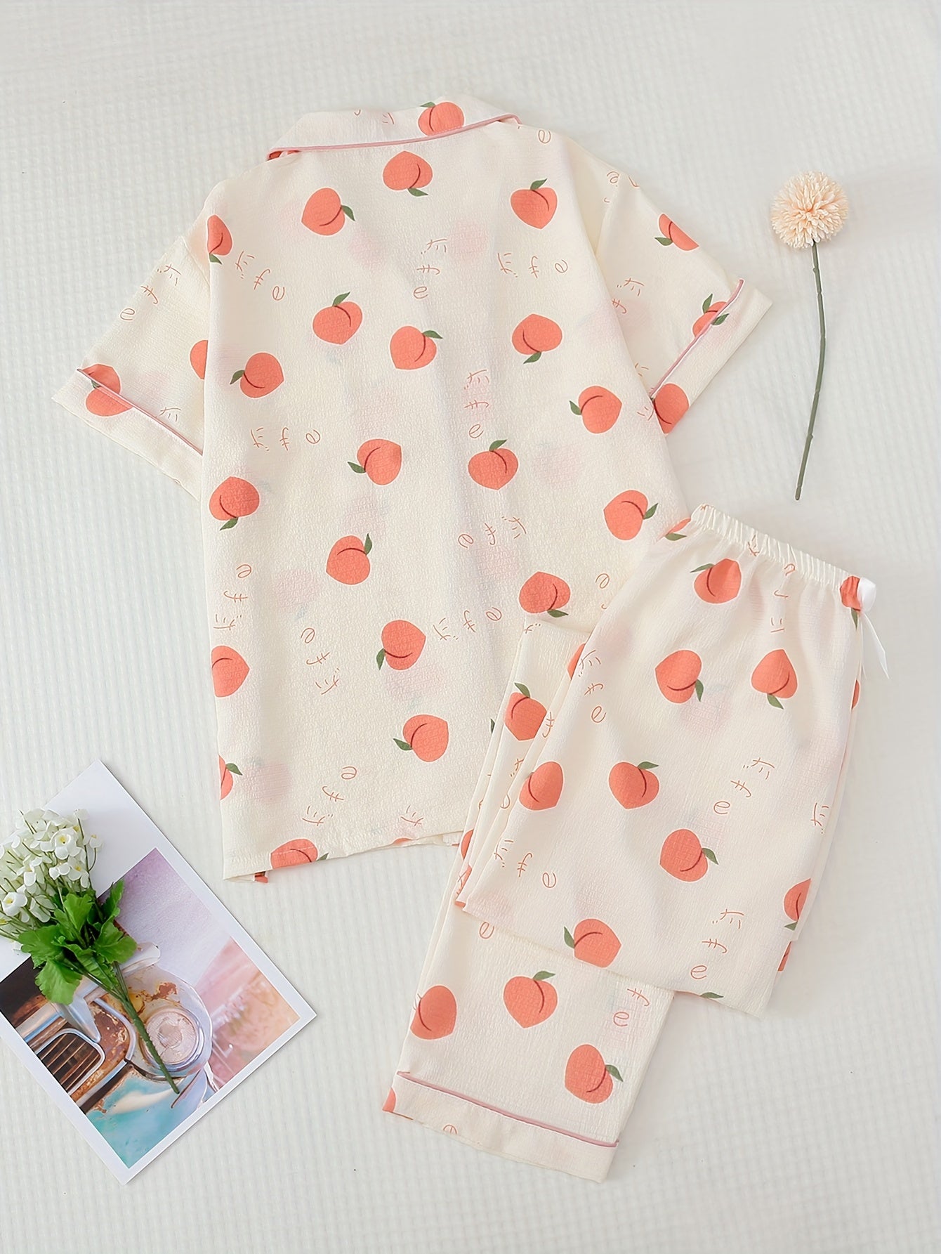 Peach Print Pajama Set Short Sleeve Buttons Top & Elastic Waistband Pants