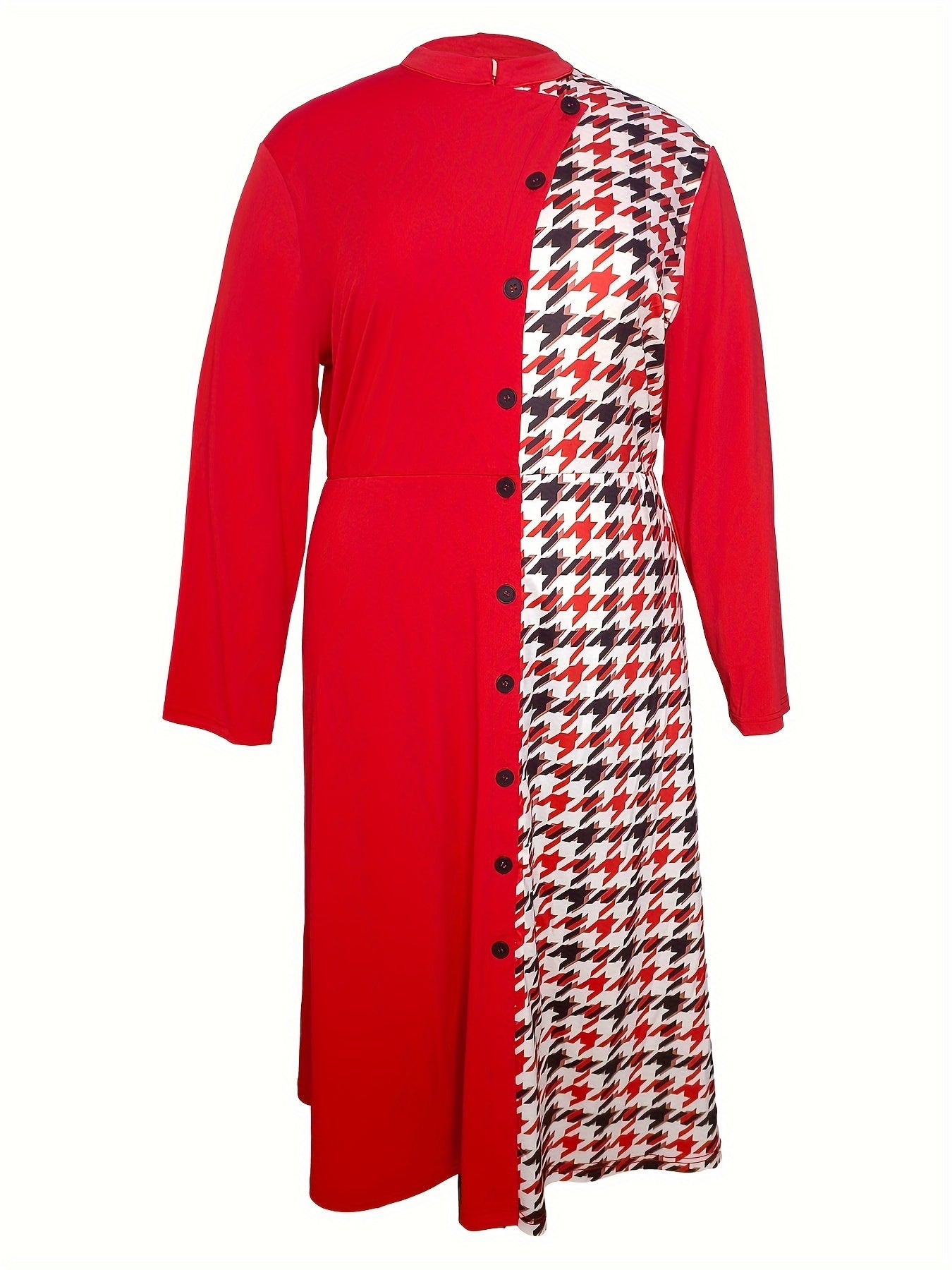 Gingham Print Colorblock Dress Mock Neck Maxi Dress