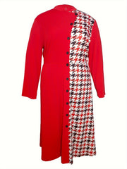 Gingham Print Colorblock Dress Mock Neck Maxi Dress