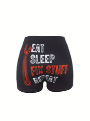 Letter & Wrench Print Skinny Shorts Casual Shorts For Spring & Summer