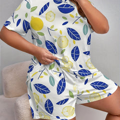 Plus Size Lemon Print Tee & Shorts Lounge Set
