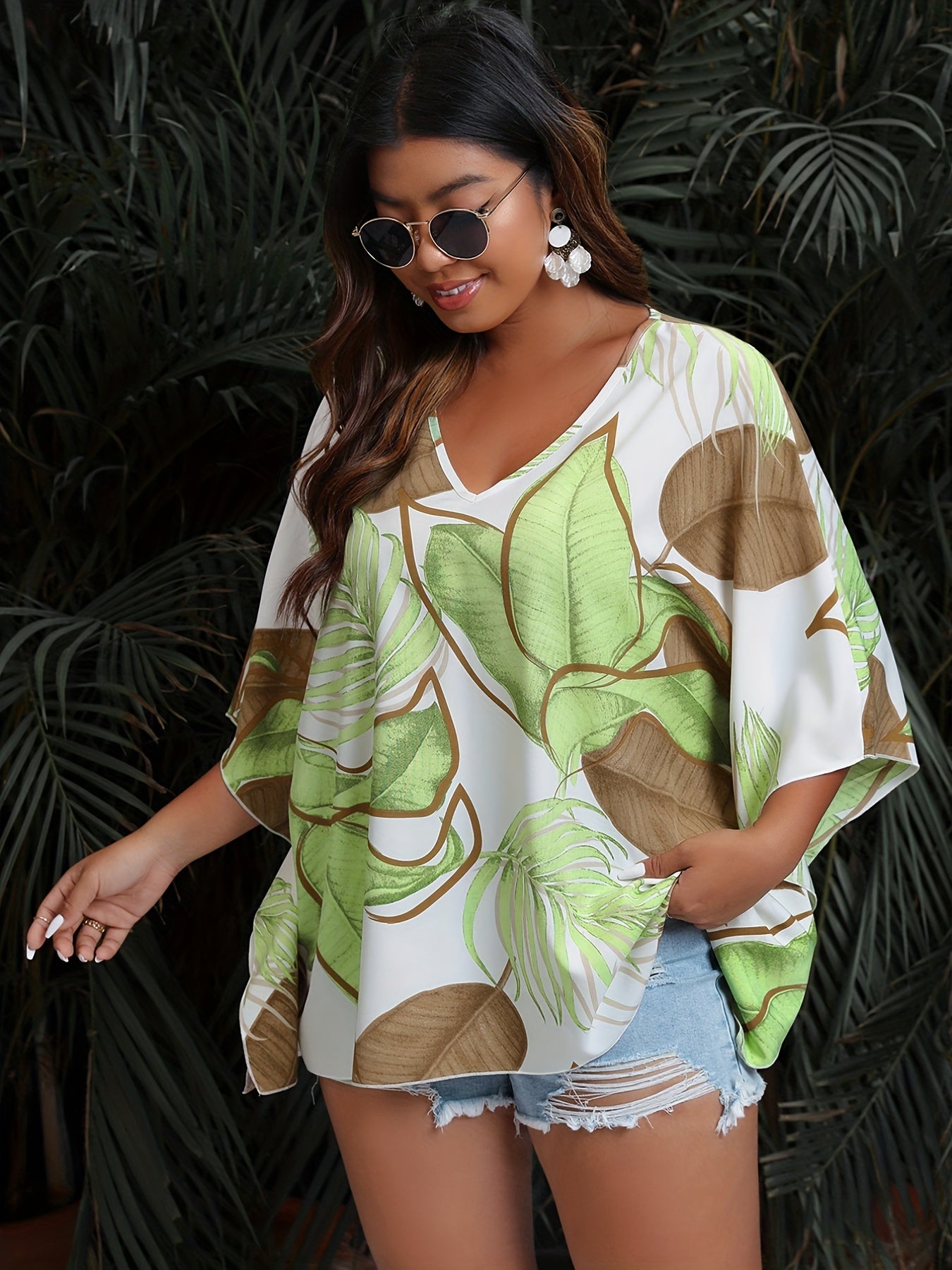 Leaf Print Bat Sleeve V Neck Top