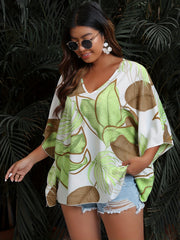 Leaf Print Bat Sleeve V Neck Top
