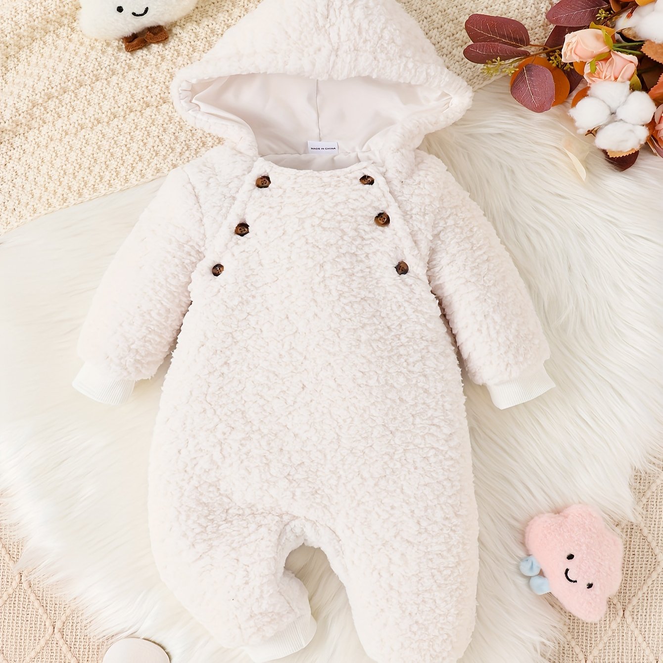 Baby Thermal Hooded Jumpsuit, Warm Furry Onesie for Girls Boys