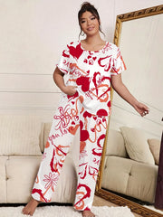 Graffiti Heart Print Pajama Set Short Sleeve Tee & Pants