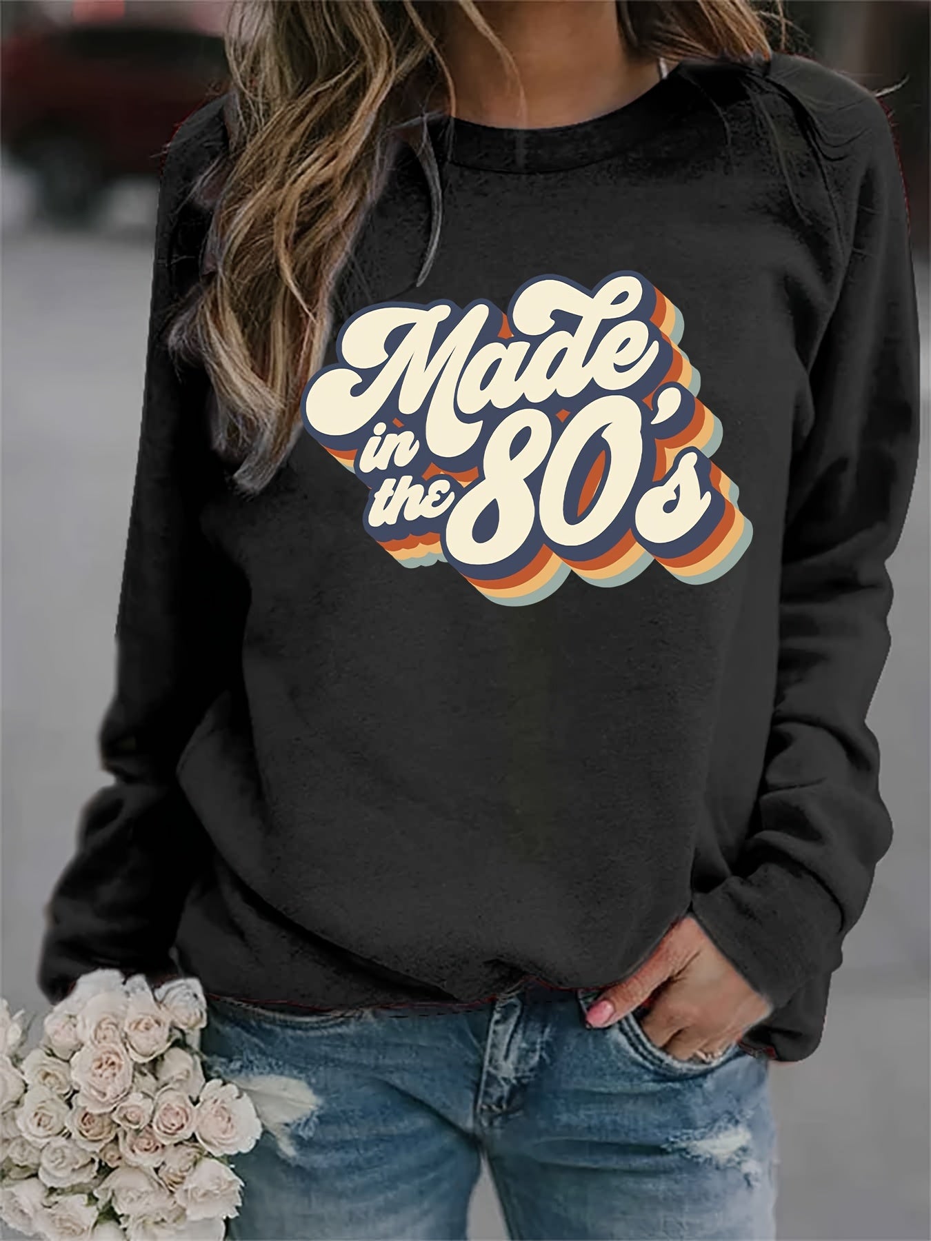 Vintage 80s Print Graphic Pullover Sweatshirt for Women