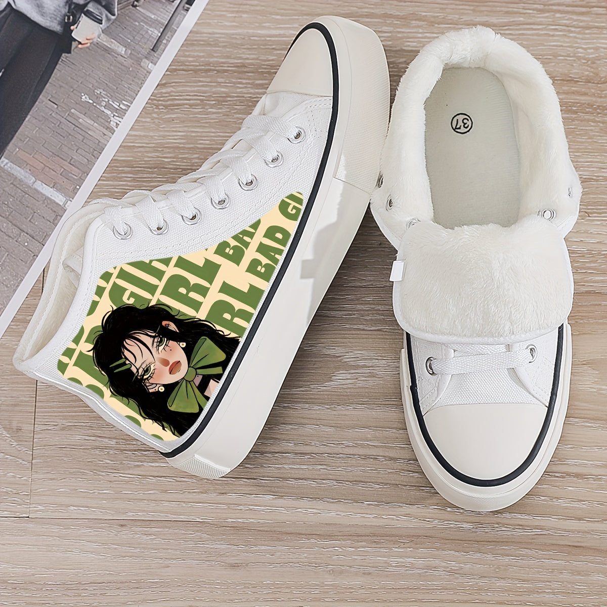 Anime Print Plush Lined Thermal Chunky Canvas Sneakers