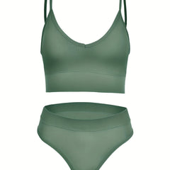 Solid Ribbed Bra & Panties Set Women's Underwear