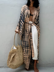 Boho Tie Dye Long Tunic Striped Kimono Cover Up