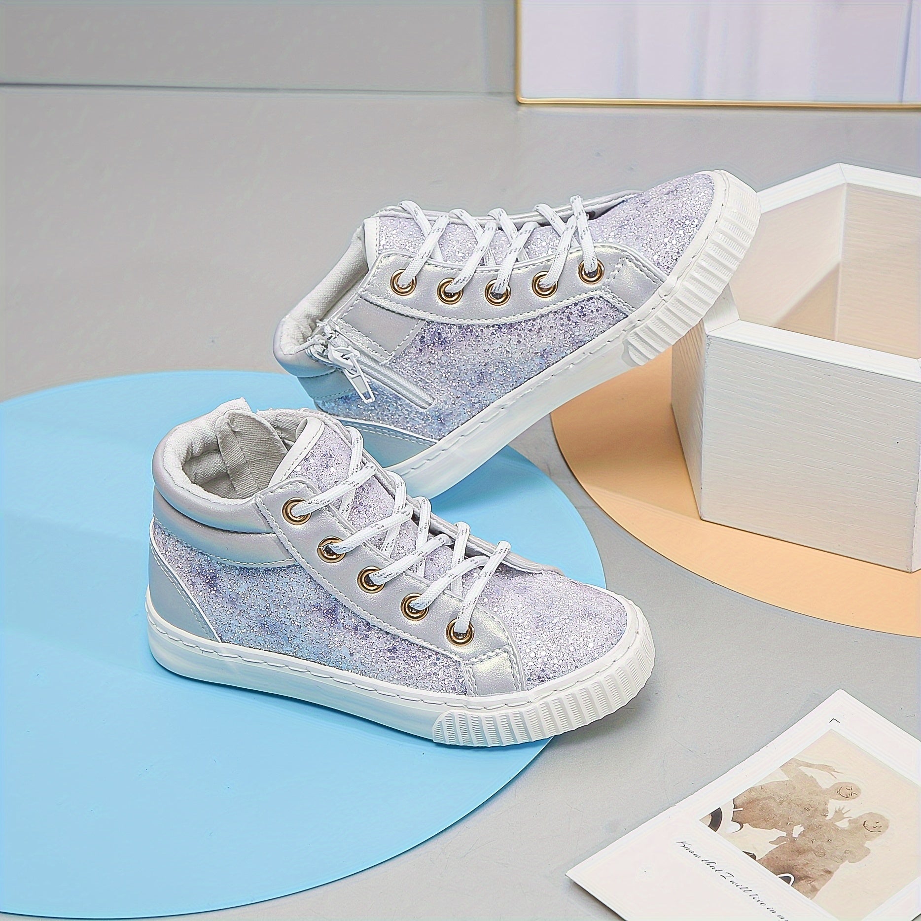 Sequin Middle Top Sneakers with Zipper for Girls