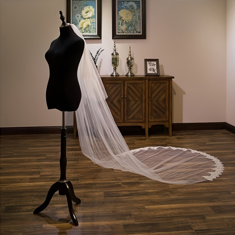 Vintage Style Bridal Veil with Lace Trim 2 Layer Headscarf