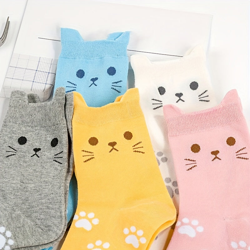 5 Pairs Cartoon Cat Print Socks Comfy Women's Stockings
