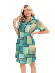 Women's Plus Denim Print Zipper Short Sleeve Turn Down Collar Dress