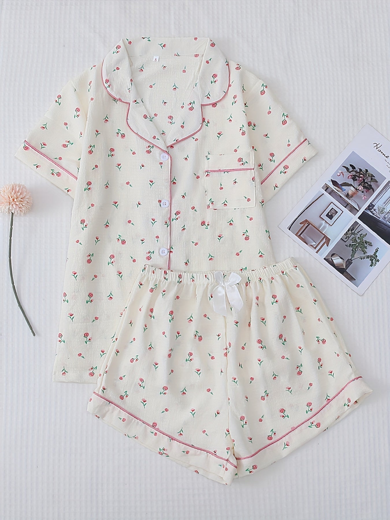 Floral Print Pajamas Set Short Sleeve Top & Bow Shorts