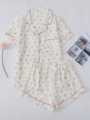 Floral Print Pajamas Set Short Sleeve Top & Bow Shorts