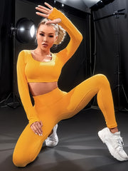 2pc Solid Yoga Set Long Sleeve Top High Waist Leggings Activewear