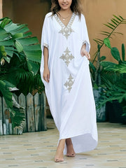 Boho Cover Up Women's Plus Embroidered Batwing Sleeve V Neck