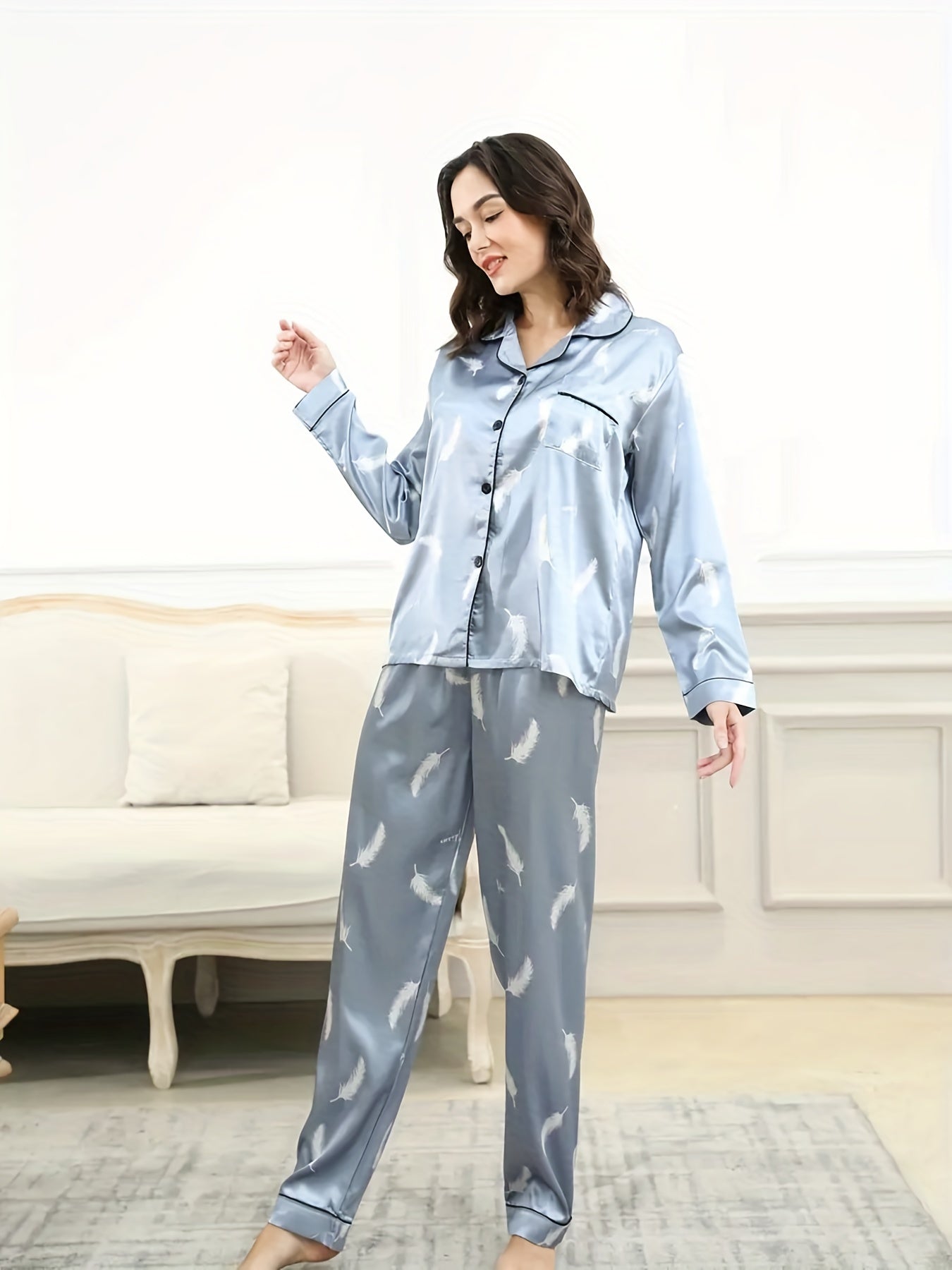 Women's Star Print Pajama Set Long Sleeve Button Up Top Pants