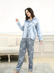 Women's Star Print Pajama Set Long Sleeve Button Up Top Pants