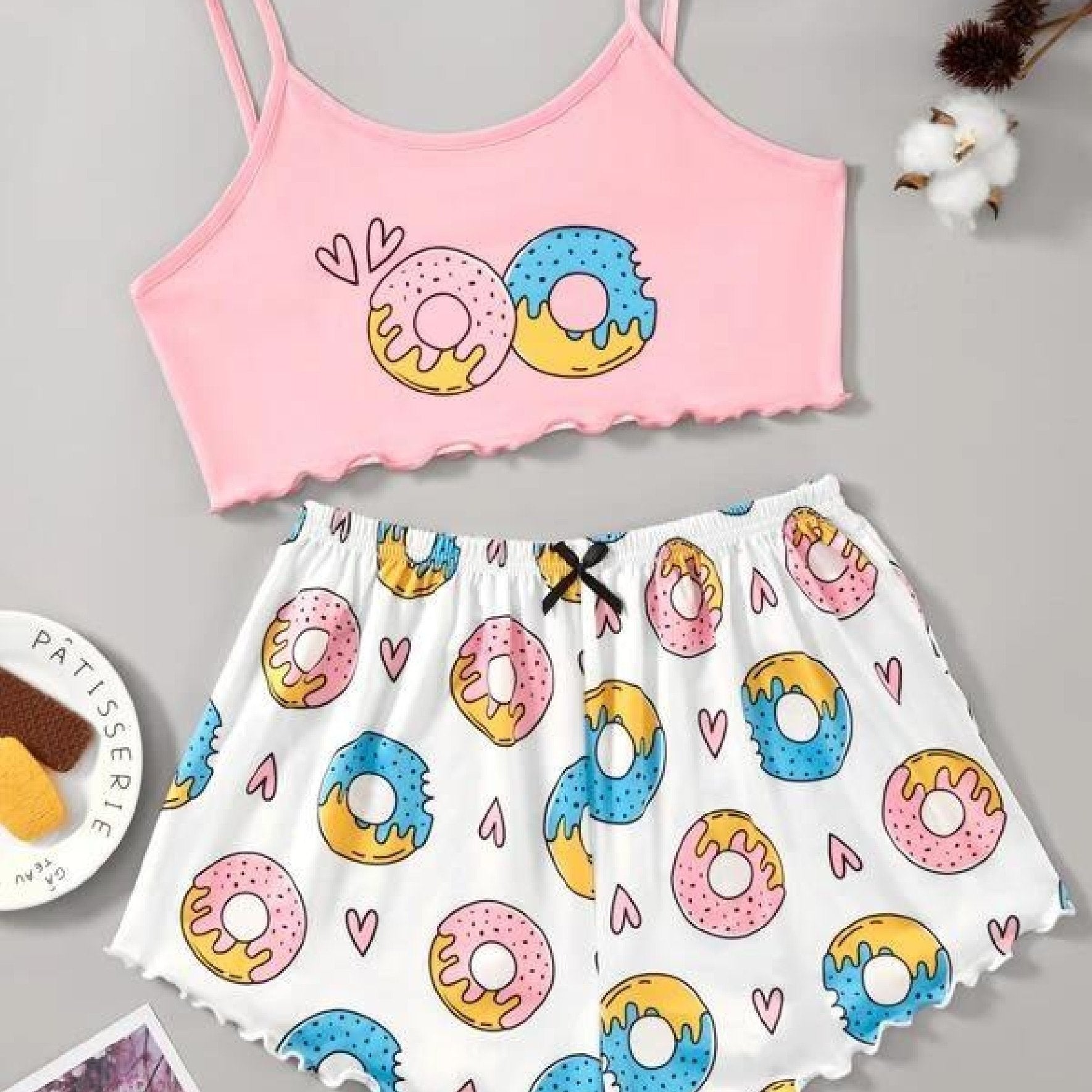 Food Print Cami Tops & Shorts Pajama Set For Women