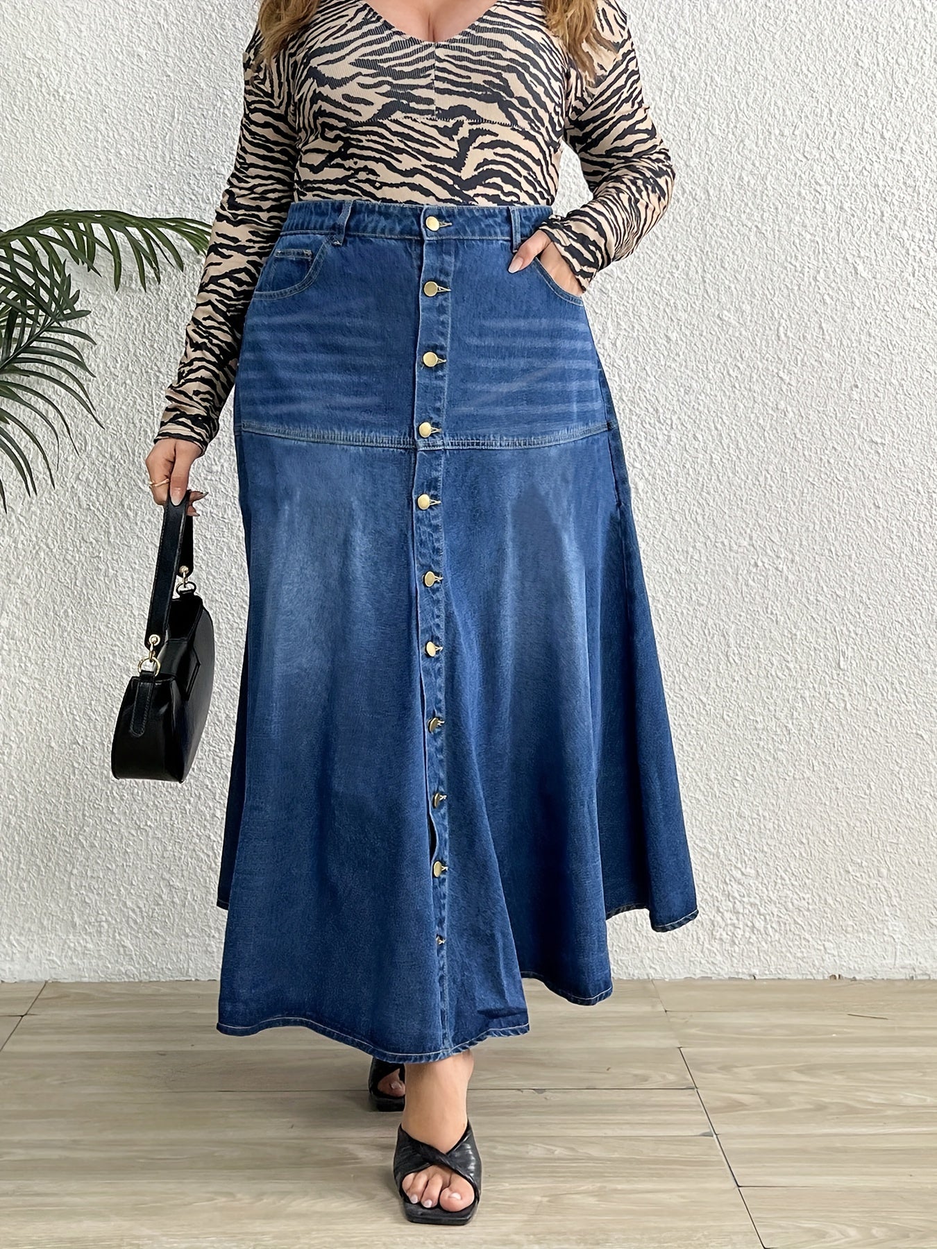 High Rise Maxi Denim Skirt Button Up Washed Casual Women's Plus
