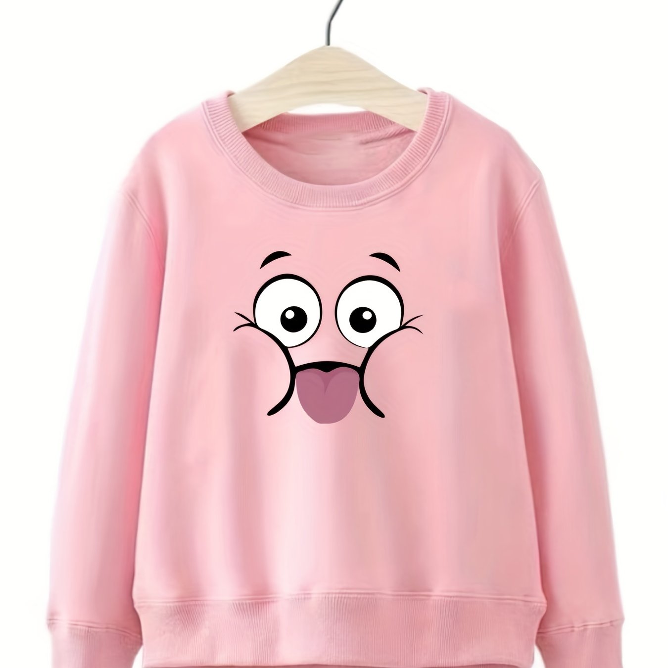 Girls Creative Face Crew Neck Sweatshirt Top