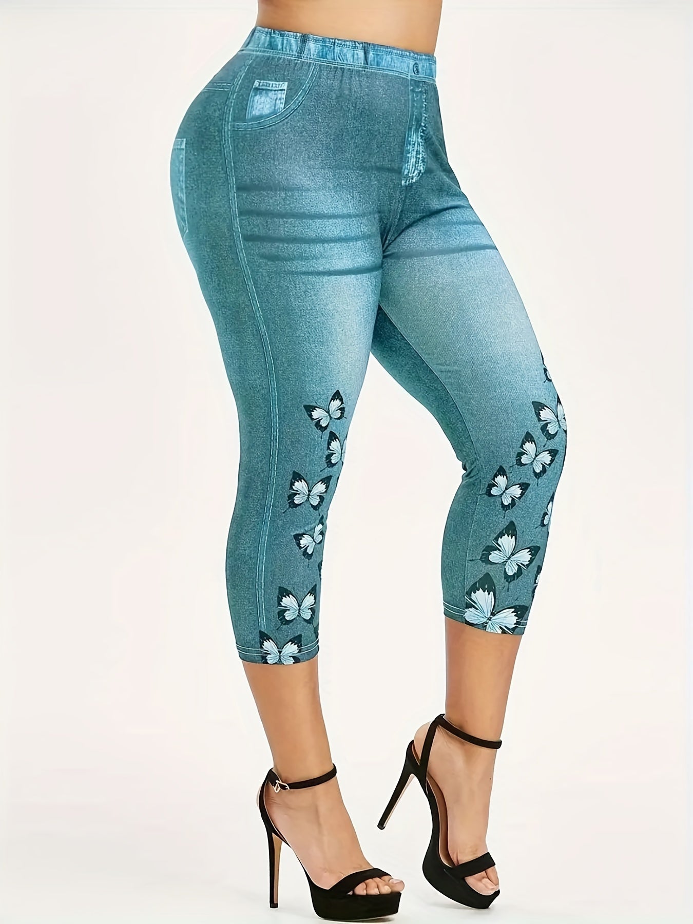 Denim & Butterfly Print Capris Leggings for Women