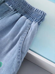 Girls Casual Jeans Bear Embroidery Elastic Waist Wide Leg Jeans