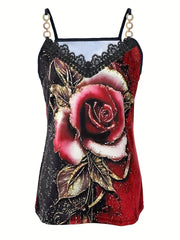 Floral Print Sleeveless Cami Top Sexy V Neck Lace Trim Chain Top