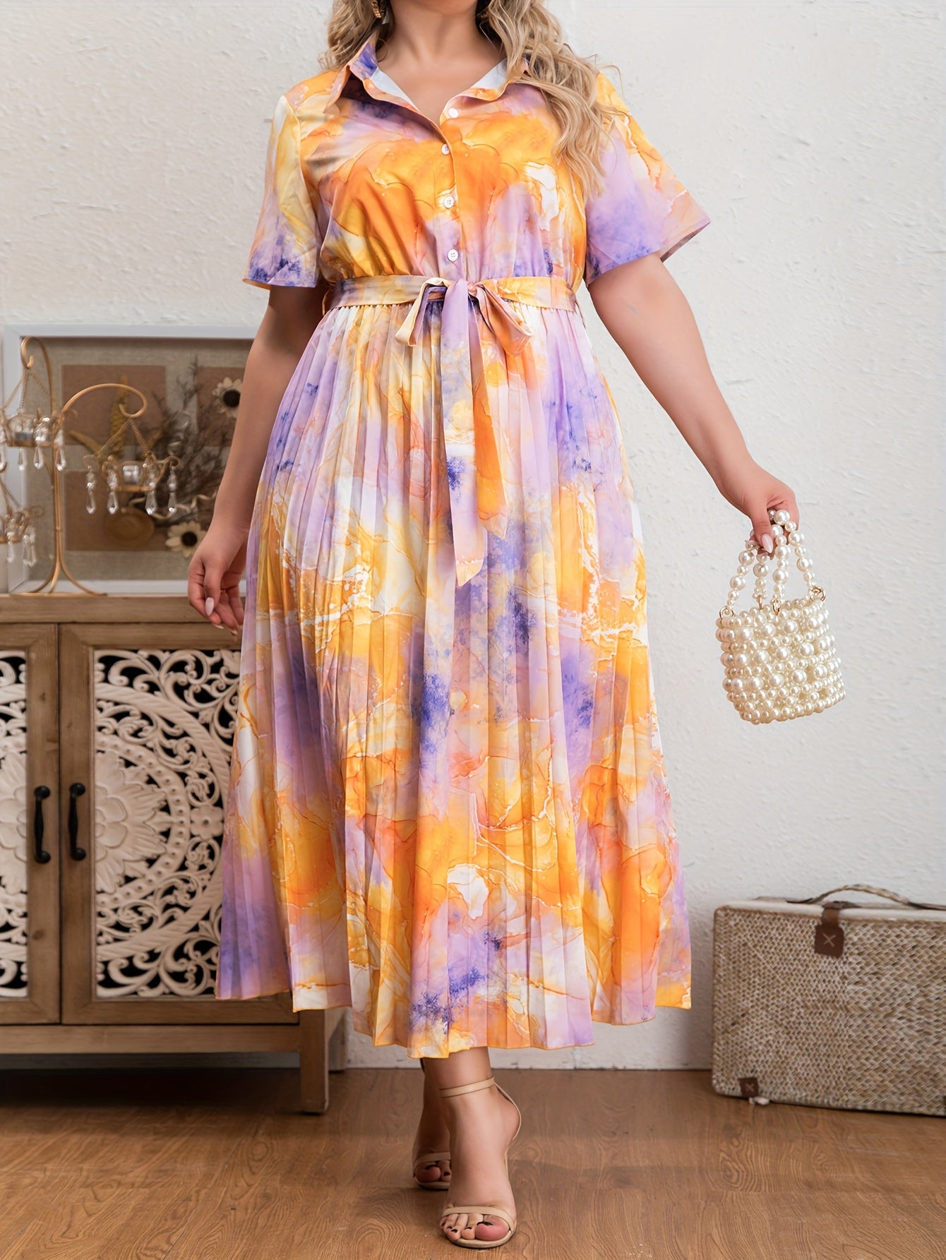 Floral Print Button Up Short Sleeve Shirt Dress With Belt