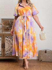 Floral Print Button Up Short Sleeve Shirt Dress With Belt