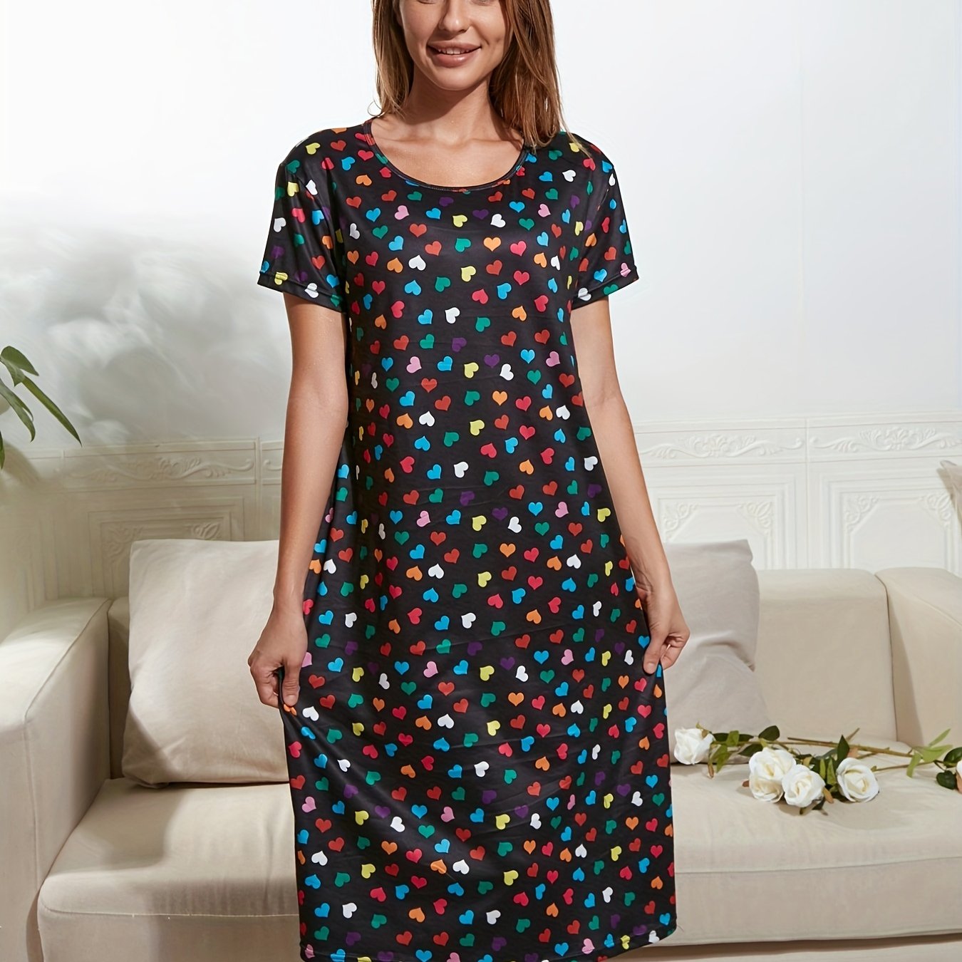 Heart Print Lounge Dress Short Sleeve Crew Neck Women's Loungewear