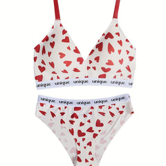 Heart Print Bra & Panties Lingerie Set Women's Underwear