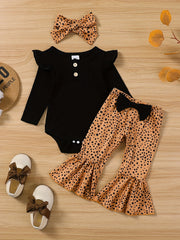 Baby Girls Ribbed Ruffle Long Sleeve Romper Cow Print Flared Pants