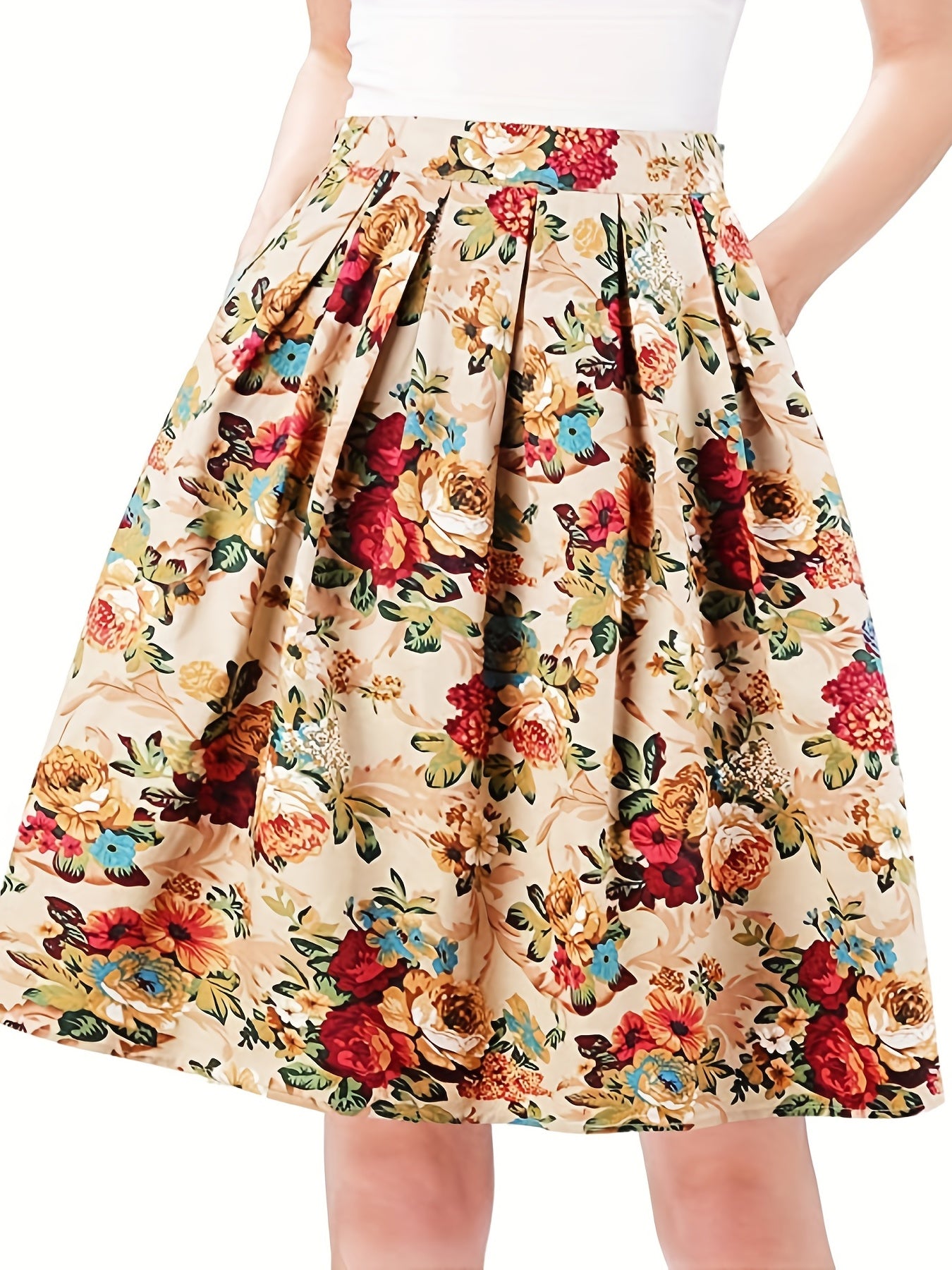 Floral Print Pleated Skirt with Pockets