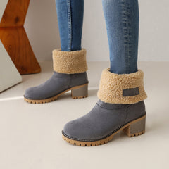 Women's Plush Lined Ankle Boots Thermal Round Toe Chunky Heeled Boots