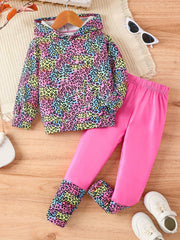 Colorful Leopard Pattern Girl's 2pcs Hoodie & Leggings Set Outfits