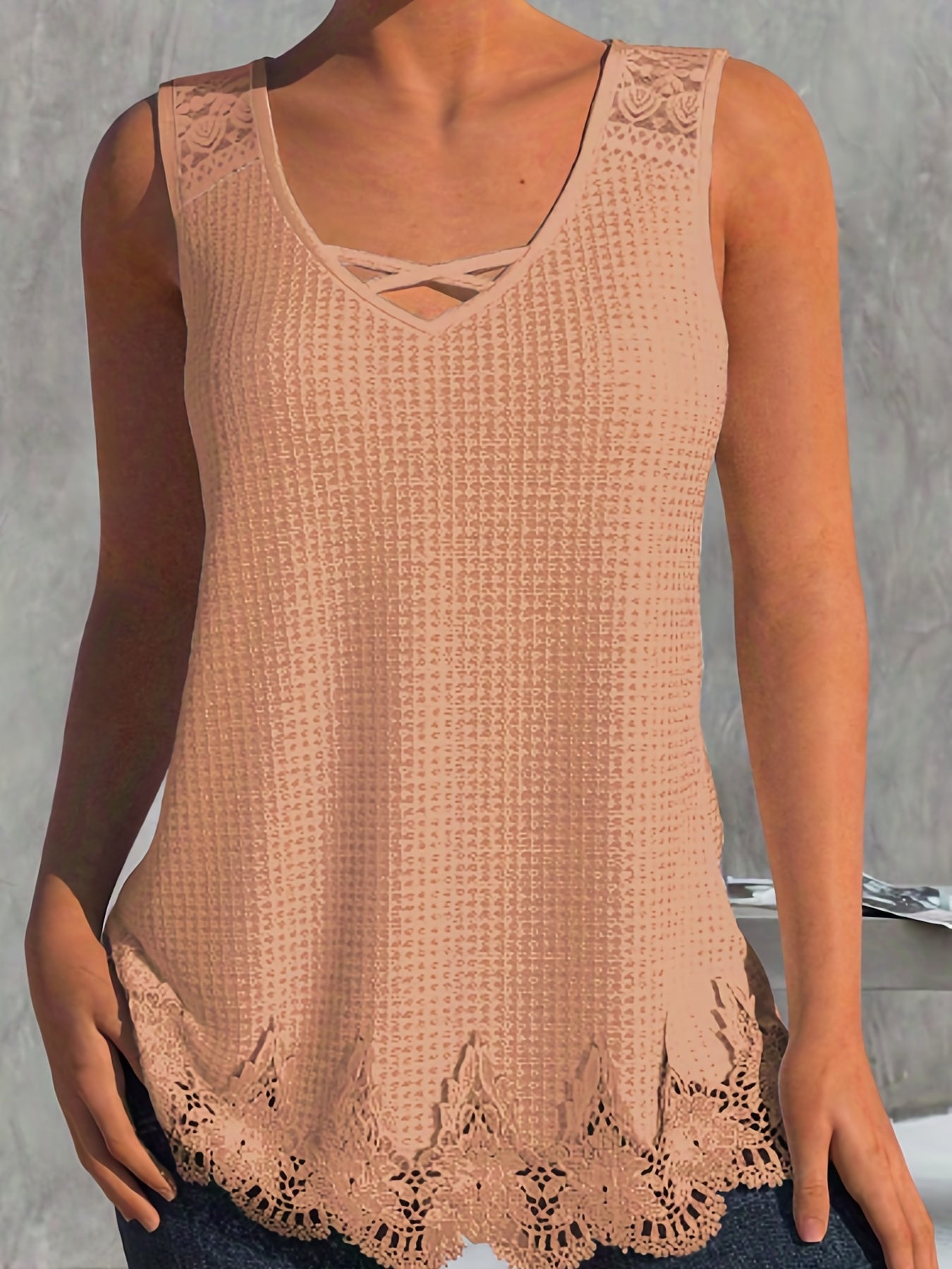 Lace Embroidery Trim V-Neck Tank Top Sleeveless