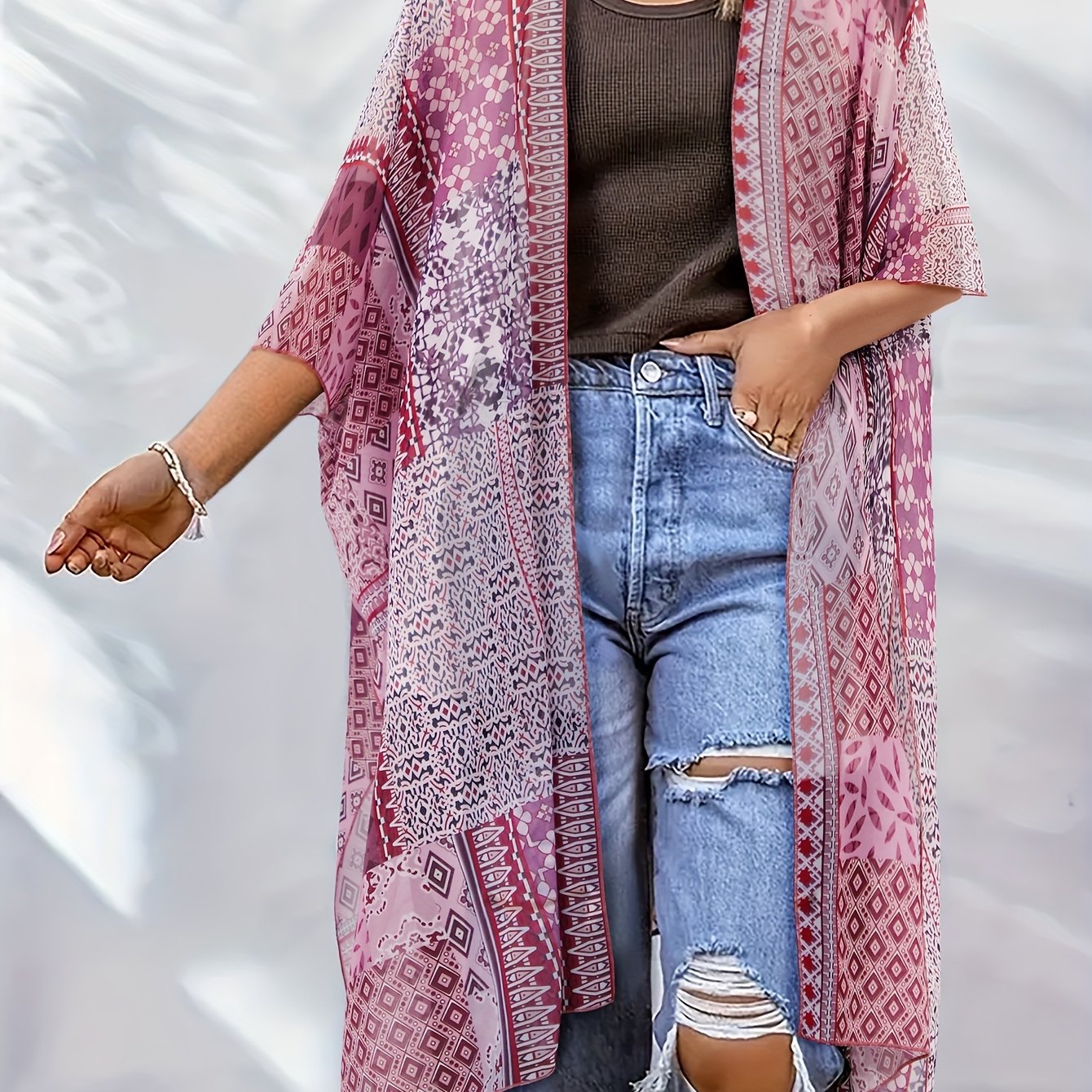Boho Cover Up Women's Plus Scarf Print Bat Sleeve Open Front Cover Up