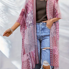 Boho Cover Up Women's Plus Scarf Print Bat Sleeve Open Front Cover Up