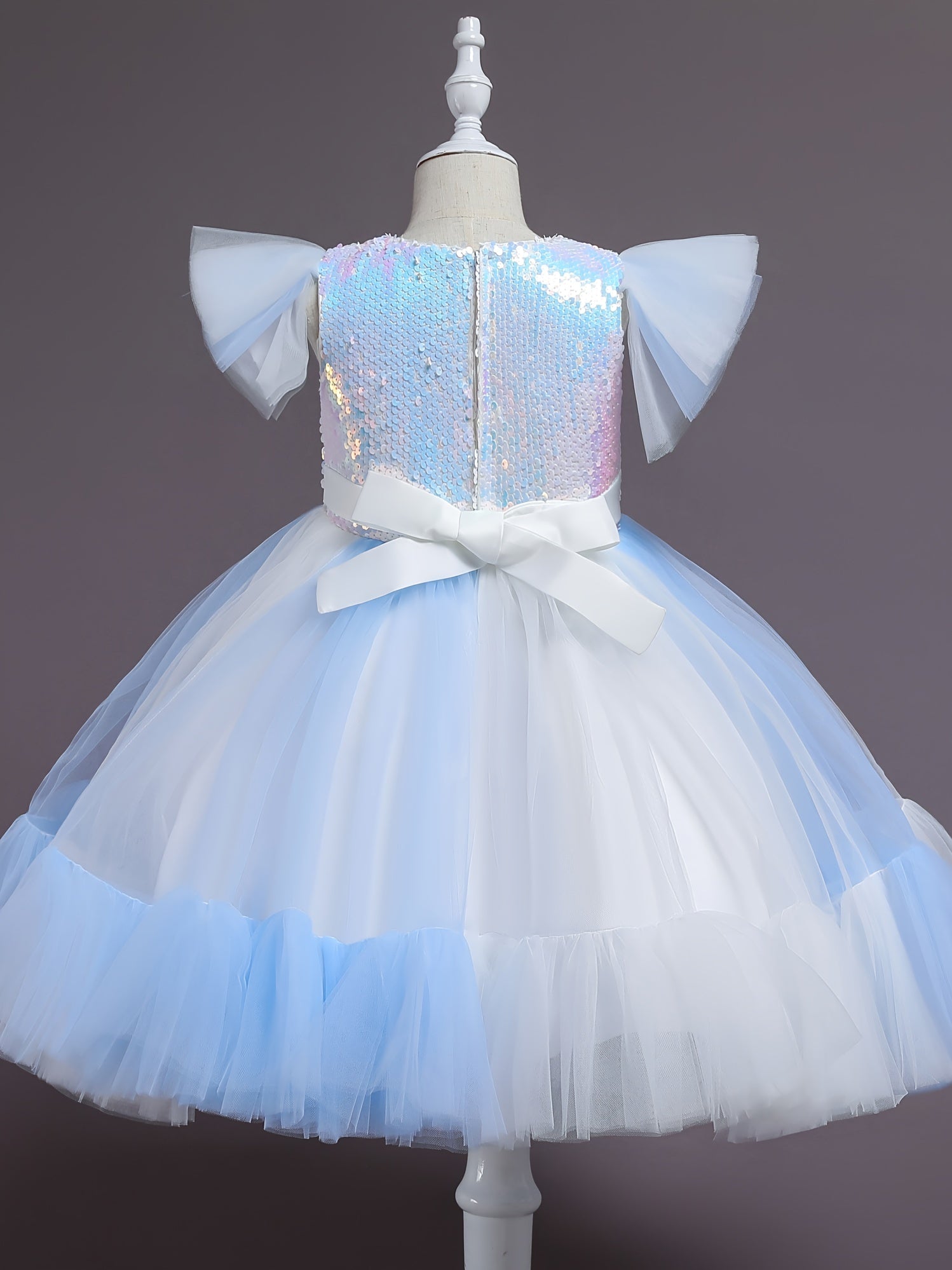 Girls Ruffled Sleeves Puffy Princess Dress Sequin Block Tulle Tutu Dress