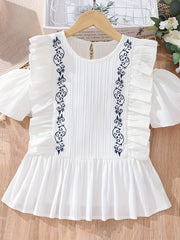 Girl s Shirt Porcelain Floral Embroidered Flutter Sleeve Peplum Blouse Top