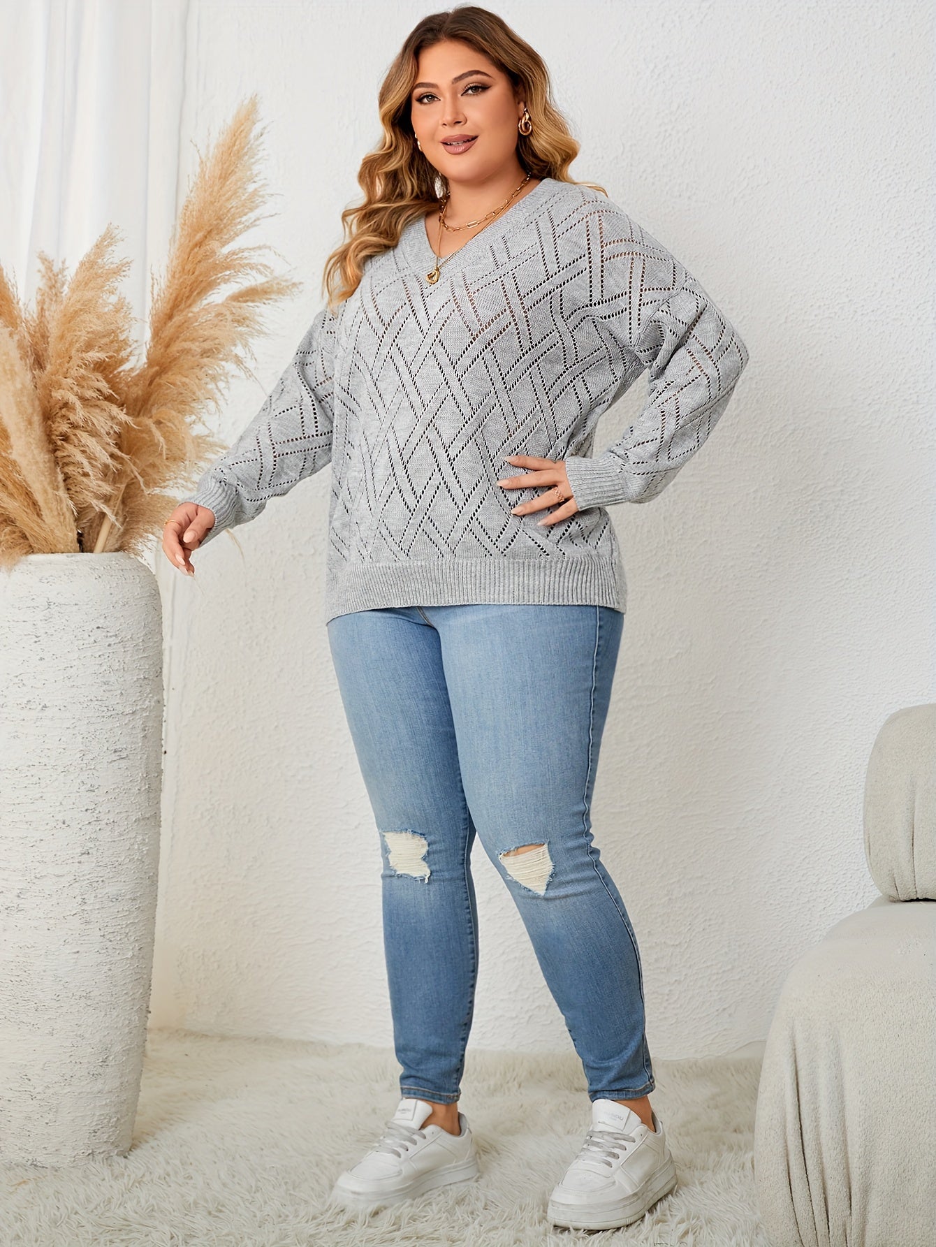V Neck Solid Knit Long Sleeve Sweater