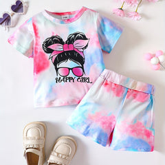 Tie Dye Cartoon Figure Print T shirt & Shorts 2pcs Set for Baby Girls