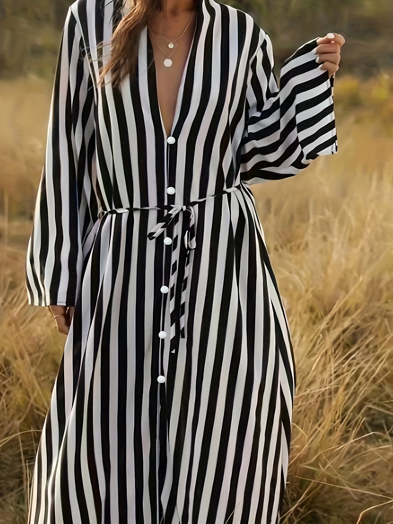 Stripe Print Long Sleeve V Neck Dress
