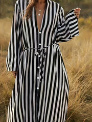 Stripe Print Long Sleeve V Neck Dress