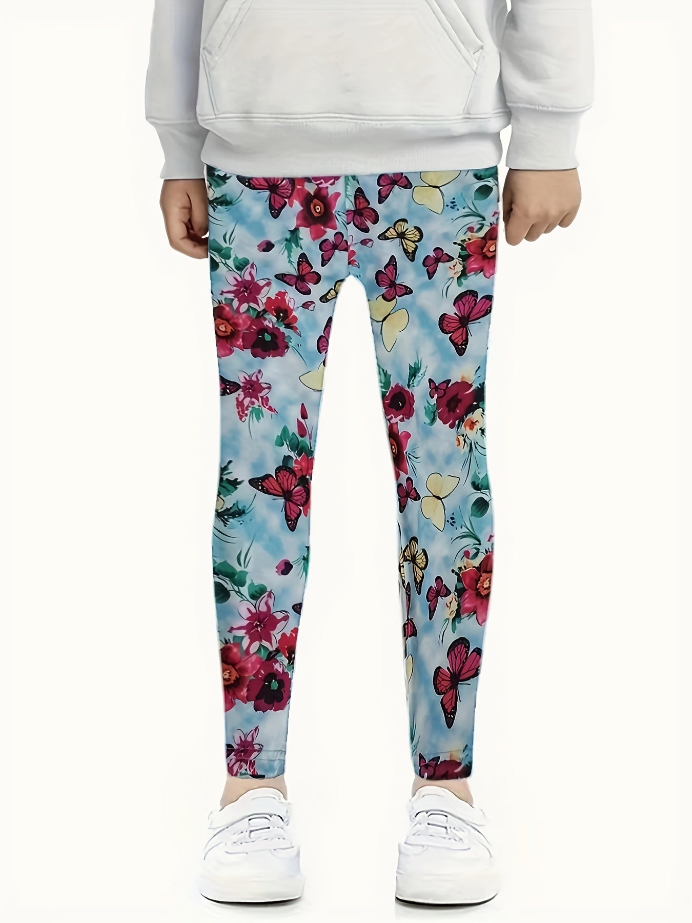 Butterfly & Flower Graphic Leggings Girls Comfy Leggings All Seasons Gift Sports
