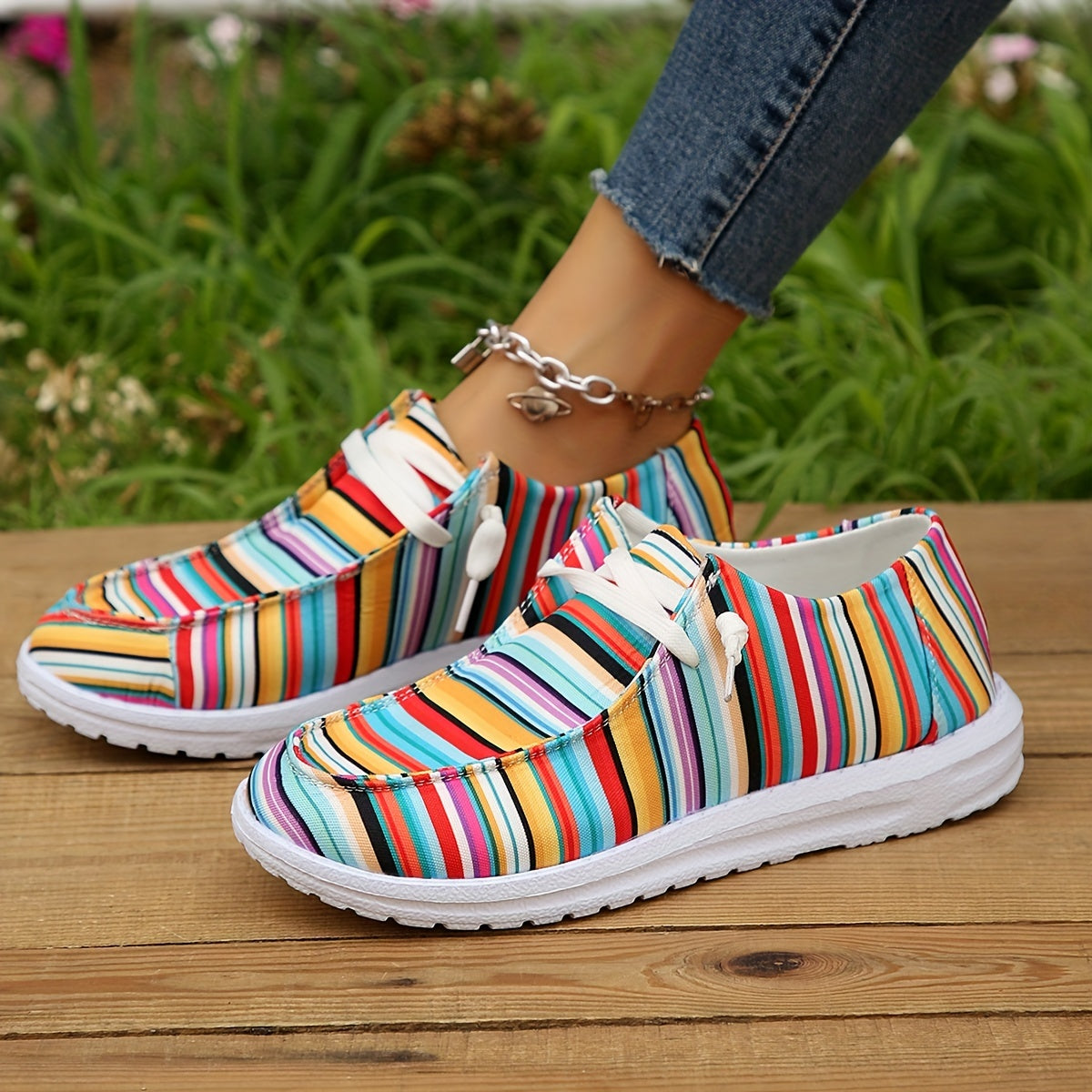Striped Canvas Slip On Loafers Women's Casual Walking Shoes