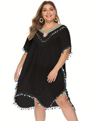 Crochet Tassel Trim V Neck Cover Up Dress